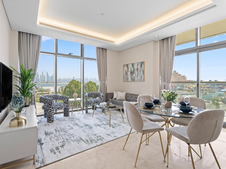 Sala de estar elegantemente projetada com móveis modernos em um apartamento no Building Crescent Road - the-prive-hospitality-vacation-homes - 1335191 em Nakhlat Jumeira, Dubai