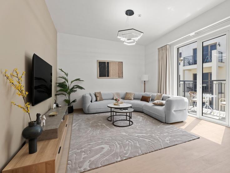 Sala de estar elegantemente projetada com móveis modernos em um apartamento no Building Tariaq Bedon Esm - the-prive-hospitality-vacation-homes - 1335198 em Jumeira First, Dubai