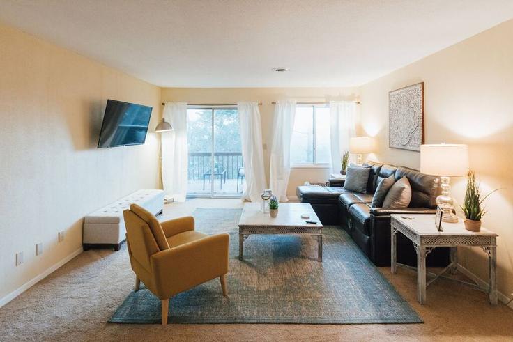 Sala de estar elegantemente projetada com móveis modernos em um apartamento no Building Liberty Bell Boulevard - the-sanctuary-company - 1397962 em Johnson City, Johnson City
