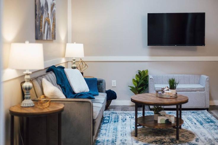Sala de estar elegantemente projetada com móveis modernos em um apartamento no Building Spring Street - the-sanctuary-company - 1397960 em Johnson City, Johnson City