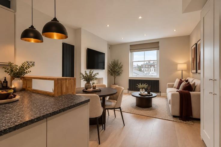 Salle de séjour élégante avec mobilier moderne dans un appartement à Building Harvist Road - the-stress-free-group - 1643273 à London Borough of Brent, London Salle de séjour élégante avec mobilier moderne dans un appartement à Building Harvist Road - the-stress-free-group - 1643273 à London Borough of Brent, London