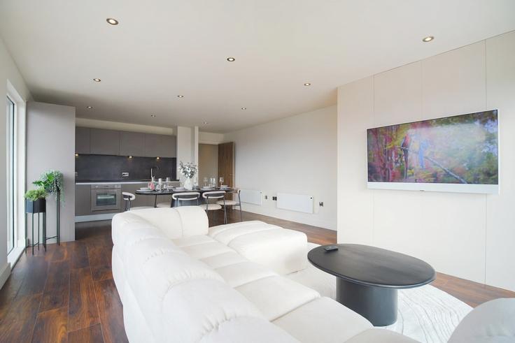 Building Ordsall Lane - theheim - 1499250 adresindeki bir dairede modern mobilyalarla zarif bir şekilde tasarlanmış oturma odası City of Salford, Salford