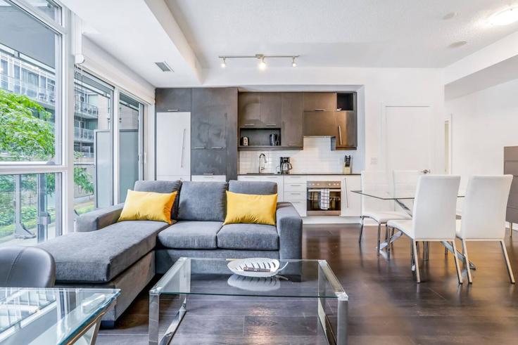 Elegant gestaltetes Wohnzimmer mit moderner Einrichtung in einer Wohnung im Building Richmond Street West - to-stays-inc - 1471506 in Old Toronto, Toronto