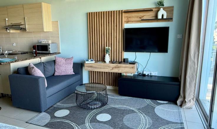 Sala de estar elegantemente projetada com móveis modernos em um apartamento no Building 2346+V84 - too-coool-vacation-ltd - 1320804 em Paralimni, Paralimni