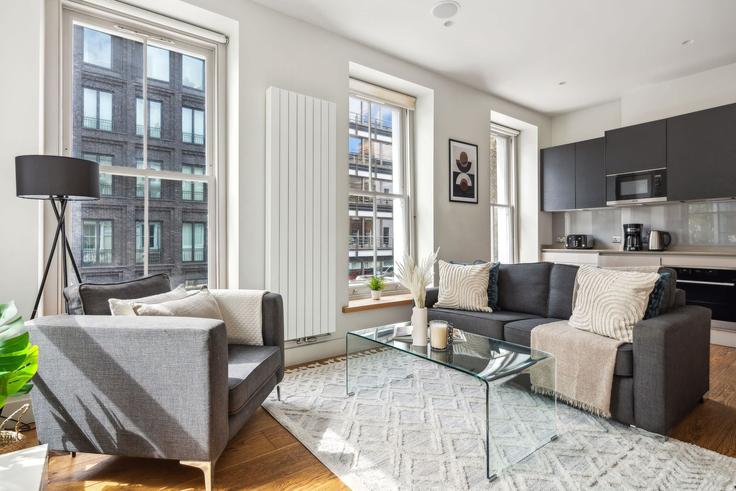 Elegant gestaltetes Wohnzimmer mit moderner Einrichtung in einer Wohnung im Building Tottenham Street - vacation-rentals - 1578175 in City of Westminster, London