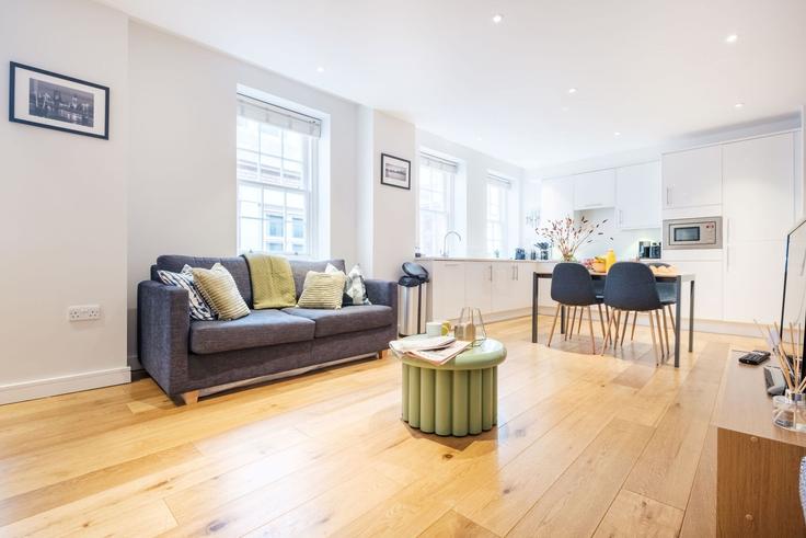 Elegantly designed living room with modern furnishings in an apartment at Building Lovat Lane - vacation-rentals - 1578832 in City of London, London