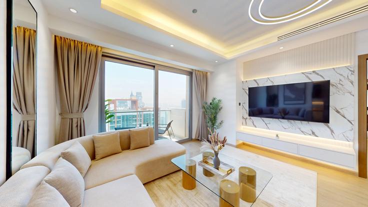 Elegantly designed living room with modern furnishings in an apartment at Building Al Marsa Street - vacationer - 1229968 - DXB in Dubai Marina, Dubai Elegantly designed living room with modern furnishings in an apartment at Building Al Marsa Street - vacationer - 1229968 - DXB in Dubai Marina, Dubai