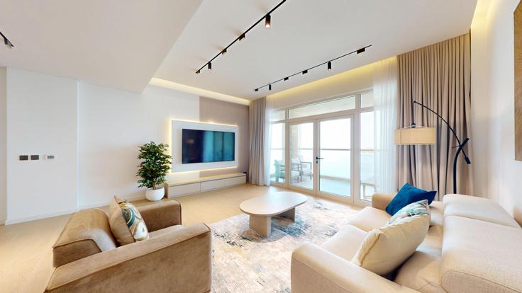 Building Palm Jumeirah Rd - vacationer - 1269710 - DXB adresindeki bir dairede modern mobilyalarla zarif bir şekilde tasarlanmış oturma odası The Palm Jumeirah, Dubai