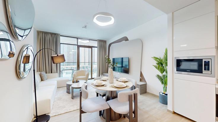 Salle de séjour élégante avec mobilier moderne dans un appartement à Building Palace Residences in Creek Harbour - vacationer - 1286654 - DXB à Ras Al Khor, Dubai