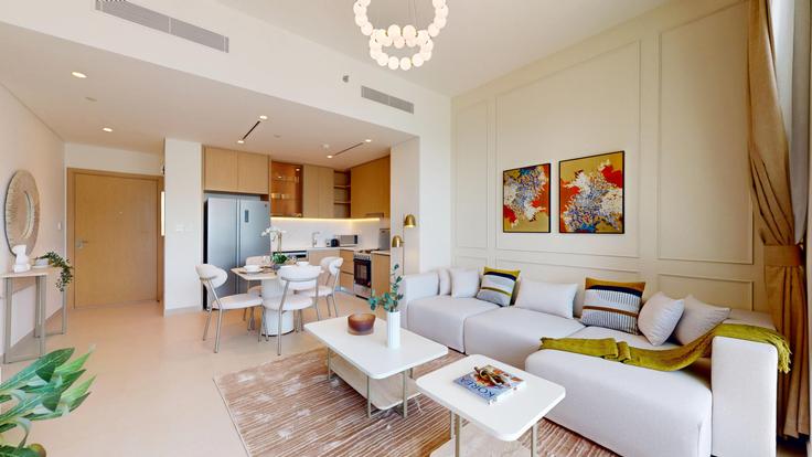 Salle de séjour élégante avec mobilier moderne dans un appartement à Building Tariaq Bedon Esm - vacationer - 1512411 à Dubai Hills Estate, Dubai