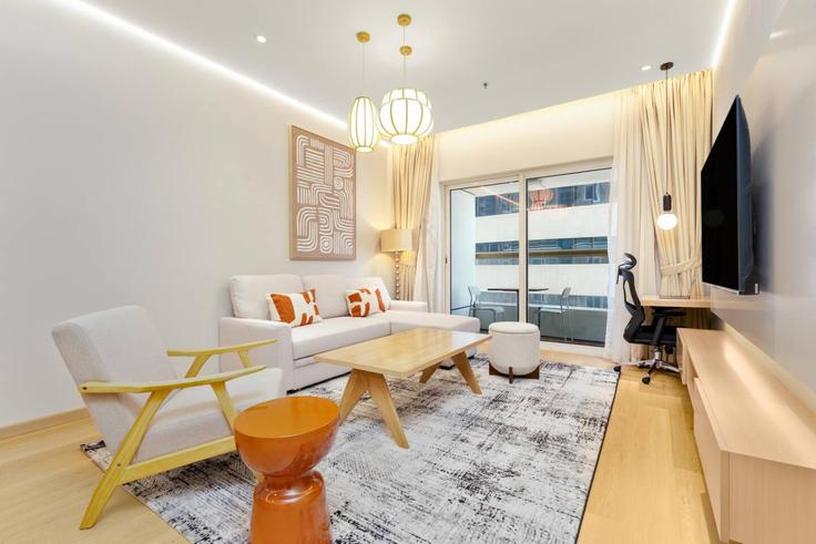 Elegantly designed living room with modern furnishings in an apartment at Building King Salman Bin Abdulaziz Al Saud Street - vacaylettingsvacationshomesrental - 1284631 - DXB in Al Sufouh, Dubai