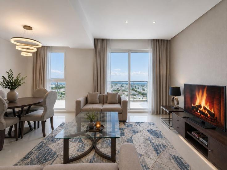 Elegante sala de estar con mobiliario moderno en un apartamento en Building Tariaq Bedon Esm - vacaylettingsvacationshomesrental - 1534622 en Madinat Al Mataar, Dubai