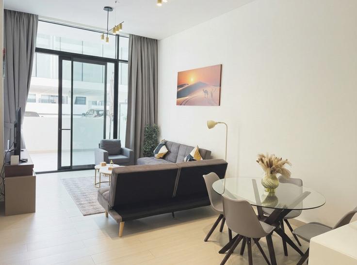 Elegantly designed living room with modern furnishings in an apartment at Building Tariaq Bedon Esm - viberentdxb - 1467203 in Al Barsha South Fourth, Dubai