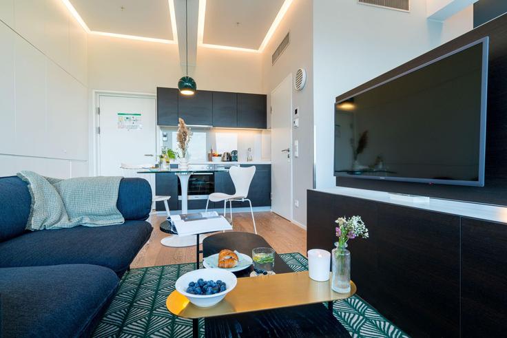 Elegantly designed living room with modern furnishings in an apartment at Building Wienerbergstraße - viennaresidences - 1242239 - VIE in Vienna, Vienna