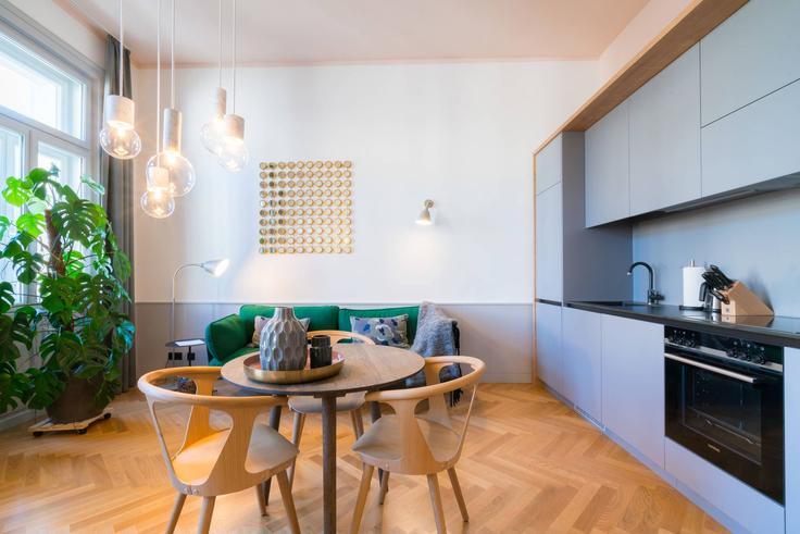 Elegantly designed living room with modern furnishings in an apartment at Building Auerspergstraße - viennaresidences - 1049305 - VIE in Vienna, Vienna