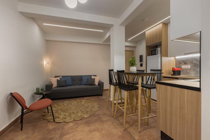 Sala de estar elegantemente projetada com móveis modernos em um apartamento no Building Charokopou - vilaman-ike-avantio - 1647261 em South Athens, Athens