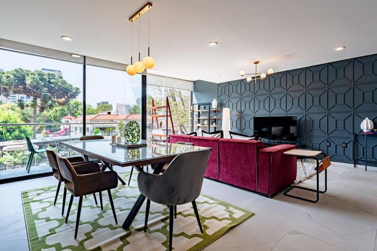 Sala de estar elegantemente projetada com móveis modernos em um apartamento no Building Tennyson - viva-houses-beyond-corp - 1258767 - MEX em Mexico City, Mexico City Sala de estar elegantemente projetada com móveis modernos em um apartamento no Building Tennyson - viva-houses-beyond-corp - 1258767 - MEX em Mexico City, Mexico City