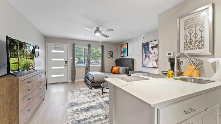 Elegantly designed living room with modern furnishings in an apartment at Building Great Northern Boulevard - vivant - 1462795 in Austin, Austin