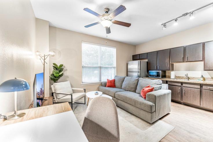 Elegantly designed living room with modern furnishings in an apartment at Building East Oltorf Street - vivant - 1462744 in Austin, Austin