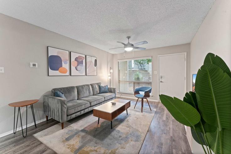 Elegantly designed living room with modern furnishings in an apartment at Building South 1st Street - vivant - 1462804 in Austin, Austin