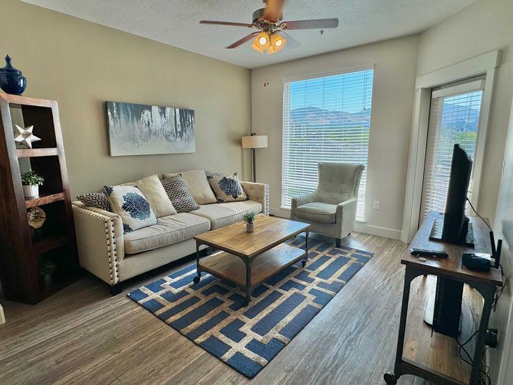 Elegante sala de estar con mobiliario moderno en un apartamento en Building East 400 South - wasatch-vacation-homes - 1389265 en Salt Lake City, Salt Lake City