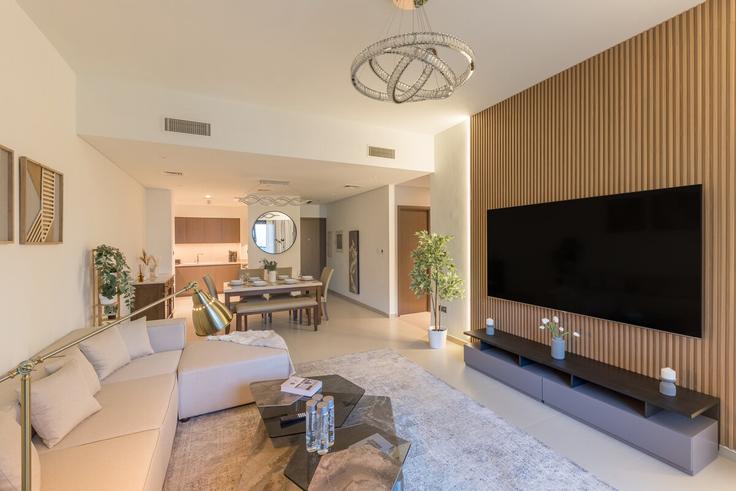Salle de séjour élégante avec mobilier moderne dans un appartement à Building Sheikh Mohammed bin Rashid Boulevard - welcome-home - 1506319 à Burj Khalifa, Dubai