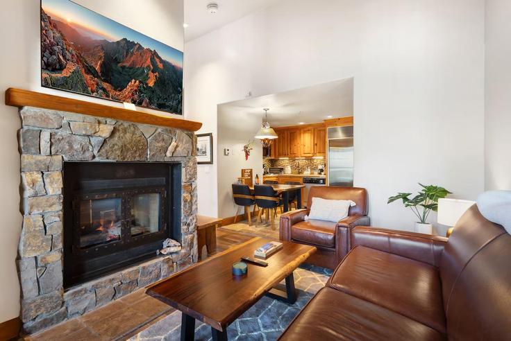 Sala de estar elegantemente projetada com móveis modernos em um apartamento no Building Prospect Falls Court - wild-oak-telluride - 1490431 em Mountain Village, Mountain Village