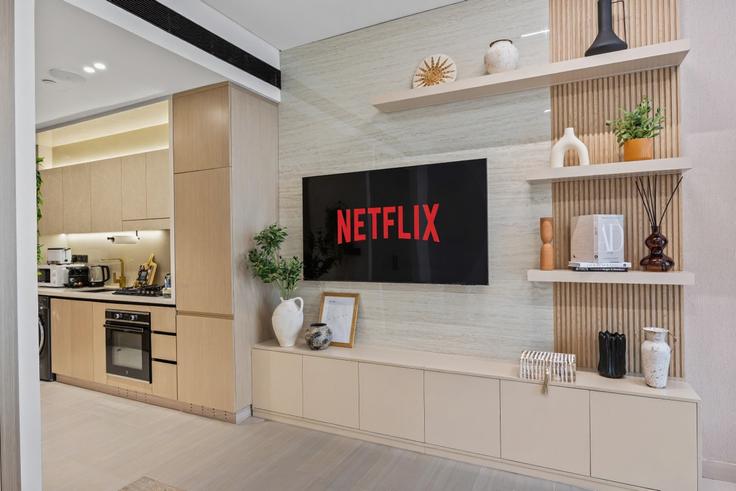 Elegantly designed living room with modern furnishings in an apartment at Building Street 7 - wyz-rent-holiday-homes-llc - 1460273 in Al Barsha South Fourth, Dubai