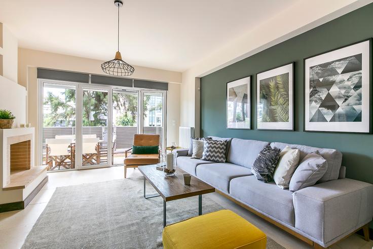 Elegantly designed living room with modern furnishings in an apartment at Marathonodromou I in Psychiko, Athens