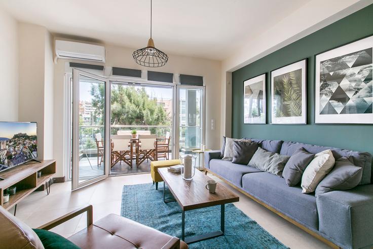 Elegantly designed living room with modern furnishings in an apartment at Marathonodromou II in Psychiko, Athens