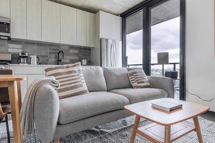 Salle de séjour élégante avec mobilier moderne dans un appartement à Evo Union Park à Chicago, Chicago Salle de séjour élégante avec mobilier moderne dans un appartement à Evo Union Park à Chicago, Chicago