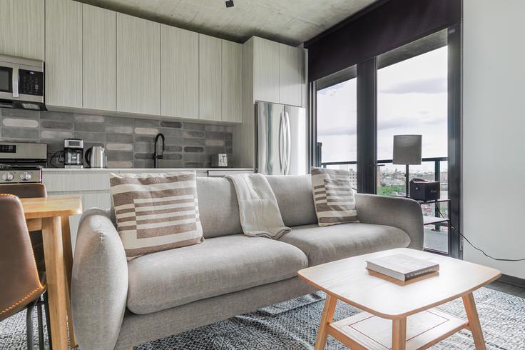 Salle de séjour élégante avec mobilier moderne dans un appartement à Evo Union Park à Chicago, Chicago Salle de séjour élégante avec mobilier moderne dans un appartement à Evo Union Park à Chicago, Chicago