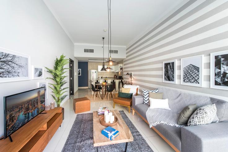Elegantly designed living room with modern furnishings in an apartment at The Atlantic in Dubai Marina, Dubai