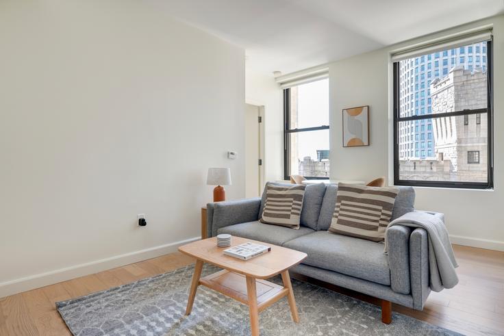 Elegante sala de estar con mobiliario moderno en un apartamento en The Arlington en Boston, Boston Elegante sala de estar con mobiliario moderno en un apartamento en The Arlington en Boston, Boston