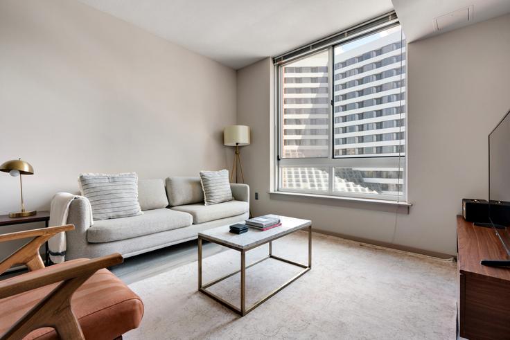 Elegant gestaltetes Wohnzimmer mit moderner Einrichtung in einer Wohnung im Crystal Flats in Arlington, Arlington Elegant gestaltetes Wohnzimmer mit moderner Einrichtung in einer Wohnung im Crystal Flats in Arlington, Arlington