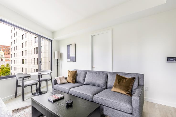 Elegantly designed living room with modern furnishings in an apartment at 22 Chapel Street in Brooklyn, New York
