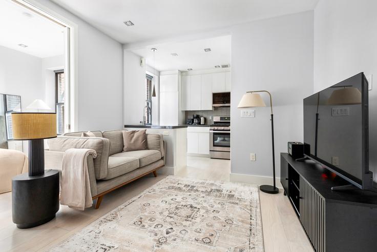 Salle de séjour élégante avec mobilier moderne dans un appartement à 195 Stanton Street à Manhattan, New York Salle de séjour élégante avec mobilier moderne dans un appartement à 195 Stanton Street à Manhattan, New York