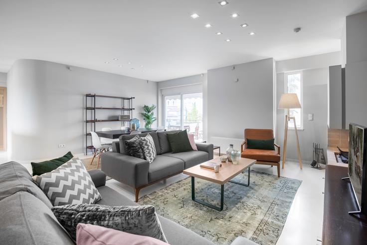 Elegantly designed living room with modern furnishings in an apartment at Vizantiou in Marousi, Athens