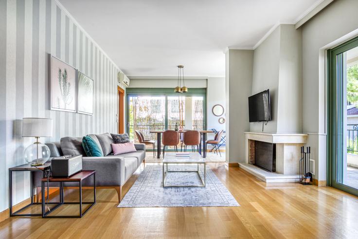 Chic living room with minimalist design from a furnished apartment in Kifisia, Athens