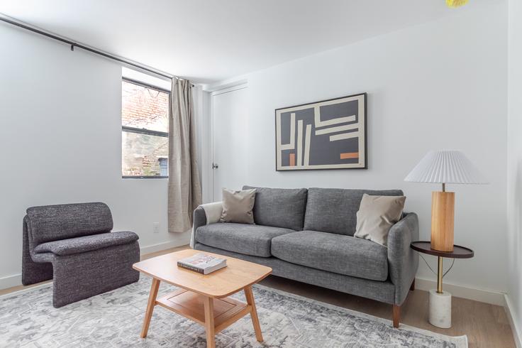 Elegant gestaltetes Wohnzimmer mit moderner Einrichtung in einer Wohnung im 433 Wythe avenue in Brooklyn, New York