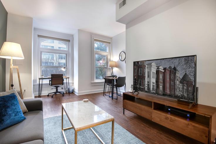 Elegantly designed living room with modern furnishings in an apartment at 1415 17th in Dupont Circle, Washington D.C.