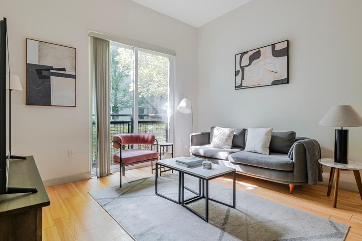 Salle de séjour élégante avec mobilier moderne dans un appartement à West Square à Boston, Boston