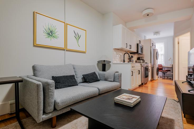 Boston, Boston 소재 152 Salem Street 유닛에 마련된, 현대적인 가구로 꾸며진 우아한 디자인의 거실