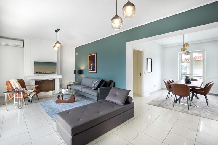 Elegantly designed living room with modern furnishings in an apartment at Sofias Vempo in Marousi, Athens