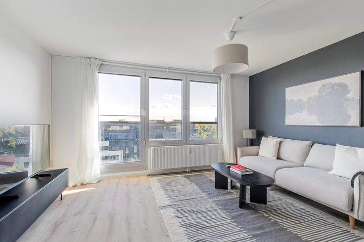 Elegantly designed living room with modern furnishings in an apartment at Wagramer Straße 25 in Vienna, Vienna