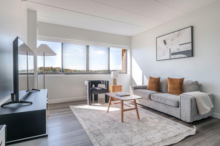 Salle de séjour élégante avec mobilier moderne dans un appartement à Reservoir Towers à Boston, Boston