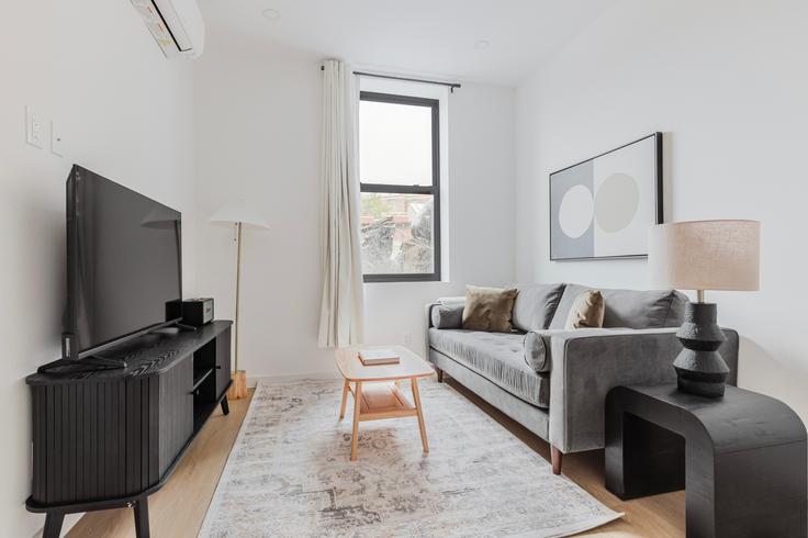 Elegante sala de estar con mobiliario moderno en un apartamento en 250 Union Avenue en Brooklyn, New York
