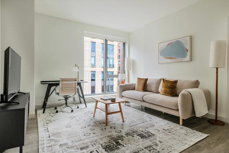 Boston, Boston에 위치한 One Canal 아파트의 세련된 인테리어가 돋보이는 거실 Boston, Boston에 위치한 One Canal 아파트의 세련된 인테리어가 돋보이는 거실