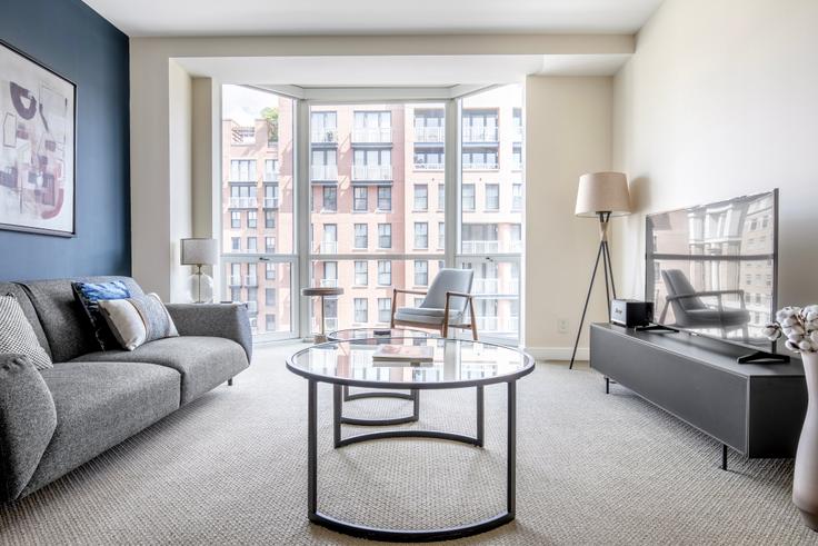 Elegantly designed living room with modern furnishings in an apartment at The Lansburgh in Penn Quarter, Washington D.C.