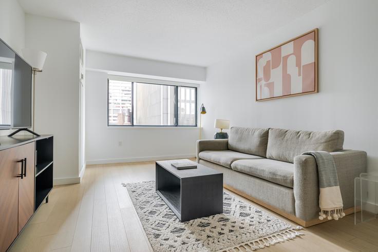 Salle de séjour élégante avec mobilier moderne dans un appartement à Devonshire à Boston, Boston Salle de séjour élégante avec mobilier moderne dans un appartement à Devonshire à Boston, Boston